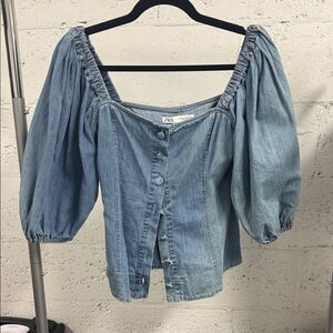 Zara Light Blue Puff Sleeve Blouse Denim Top - Size XS Button Down Jean